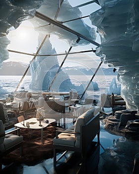 A house of the future built in an iceberg in Anarctica. Future living: innovative house within antarctic iceberg -