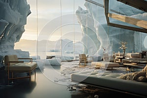 A house of the future built in an iceberg in Anarctica. Future living: innovative house within antarctic iceberg -