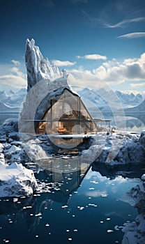 A house of the future built in an iceberg in Anarctica. Future living: innovative house within antarctic iceberg -