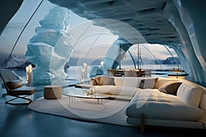 A house of the future built in an iceberg in Anarctica. Future living: innovative house within antarctic iceberg -