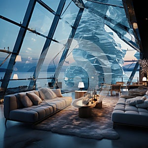 A house of the future built in an iceberg in Anarctica. Future living: innovative house within antarctic iceberg -