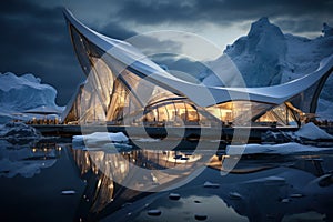 A house of the future built in an iceberg in Anarctica. Future living: innovative house within antarctic iceberg -