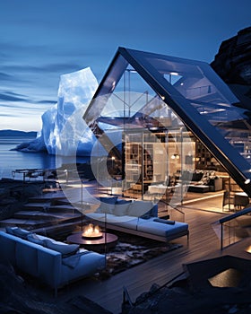 A house of the future built in an iceberg in Anarctica. Future living: innovative house within antarctic iceberg -