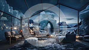 A house of the future built in an iceberg in Anarctica. Future living: innovative house within antarctic iceberg -