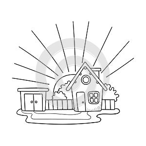 House with garage and backyard and sunrise landscape. Building in cartoon style. Line art drawing. Hand drawn vector illustration