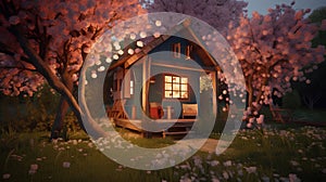 The house in the garden with blooming trees. 3d render