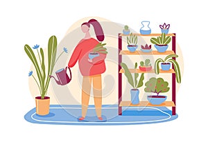 House garden concept, woman watering pot plants