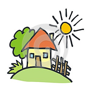 House with garden, tree, sun, grass, fence, drawing,eps.