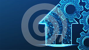 House and gear. from line and dot. Abstract low Poly Wireframe Mesh Design. Vector Illustration. Blue Background