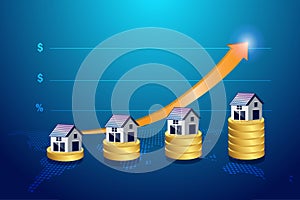 House on gold coin stack with rising graph price. Concept of real estate market, economic inflation, cost of house construction,