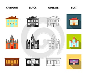 House of government, stadium, cafe, church.Building set collection icons in cartoon,black,outline,flat style vector