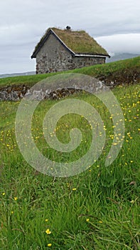 house with grass on the roof, Faroes Islands, Torshaven, Skansin