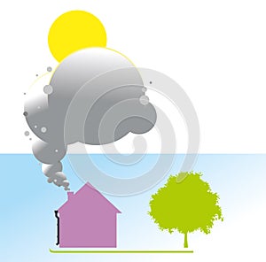 House on a green lawn next to a tree. A flat one-color purple house with smoke coming out of the chimney. Sunny day