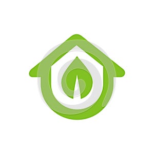 House with green leaf logo design, home garden farm logo icon, eco house symbol