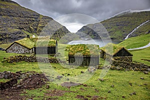 House with green roof in saksun