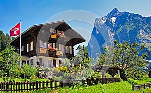 House in Grindelwald, Switzerland, with the Famous Mountain Wetterhorn