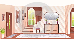 House hallway interior design with stairs. Vector cartoon illustration of large light hall, entrance door, window