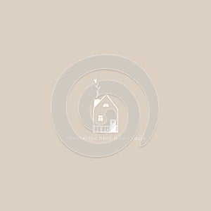 House hand-drawn icon. Vector illustration of a building in a simple cartoon Scandinavian style. White sketch drawing on a pastel