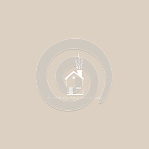 House hand-drawn icon. Vector illustration of a building in a simple cartoon Scandinavian style. White sketch drawing on a pastel