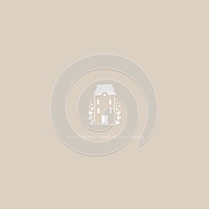 House hand-drawn icon. Vector illustration of a building in a simple cartoon Scandinavian style. White sketch drawing on a pastel