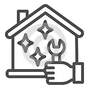 House and hand with wrench line icon, Home professional services concept, Maintenance house sign on white background