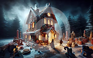 House of Hans en Gretel in the snow, fairytale