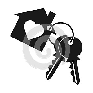 House with heart, two key and key ring. Keychain symbol, icon silhouette on white background