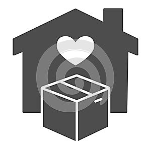 House with heart window and box solid icon, Logistics delivery symbol, home delivery and cardboard package vector sign