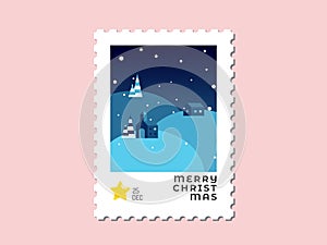 House on the hill in blue tone - Christmas stamp flat design for greeting card and multi purpose - Vector illustration