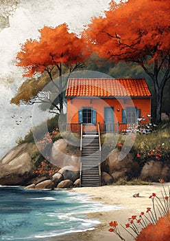 house hill overlooking ocean small cottage red shutters orange paradise boat dock depicting flower sepia color