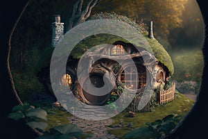 House of the hobbit hole. Fantasy Village Shire, houses with round doors and windows. The fabulous landscape of the Lord of the photo