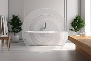 house home bathtub architecture wood luxury white modern bathroom sink interior. Generative AI.
