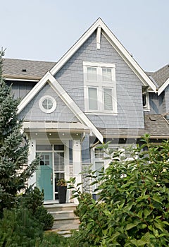 House Home Bright Green Door Exterior Front Elevation Rockwork Roof Details