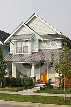 House Home Bright Orange Door Exterior Front Elevation Rockwork Roof Details