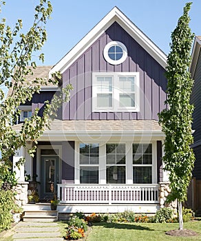 House Home Bright Purple Exterior Front Elevation Rockwork Roof Details