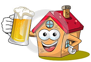 House or home cartoon funny mascot drinking mug beer isolated