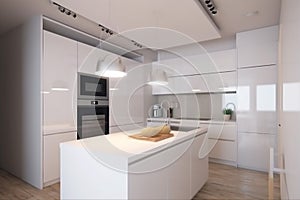 house home contemporary interior luxury white design kitchen apartment nobody modern. Generative AI.