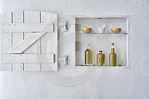 House home design wall shelf Olive oil bottle oils three bottles shelf food cooking mediterranean natural organic toscany beauty