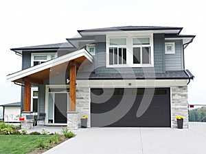 House Home Gray Blue Exterior Elevation Rockwork Roof Details photo