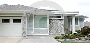 House Home Gray Exterior Elevation Rockwork Roof Details