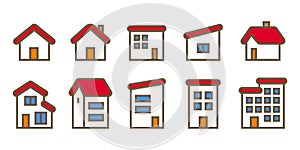 House home icon set red roof house illustration material vector design