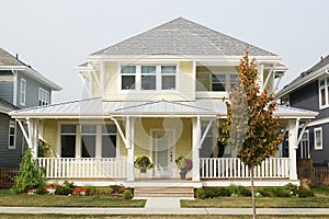 House Home New Bright Yellow Exterior Front Elevation Roof Details