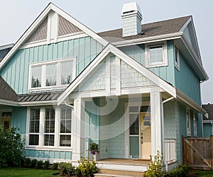 House Home Pastel Green Exterior Front Elevation Rockwork Roof Details