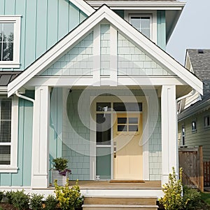 House Home Pastel Yellow Door Exterior Front  Elevation Roof Details photo