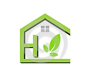 House, home, real estate, logo, H letter green leaf HOME CITY architecture symbol rise building icon vector design.