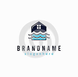 House home river wave logo business illustration template concept. Real Estate water blue sea icon Vector