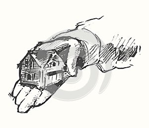 House human hands background drawn vector sketch.