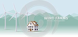 House icon with big windmill farm behind in mountains, 3d illustration, green energy
