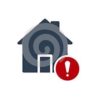 House icon, buildings icon with exclamation mark. House icon and alert, error, alarm, danger symbol