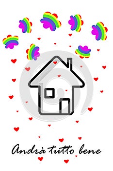 House icon with clouds in colors of rainbow, red hearts. Text in italian, slogan during pandemia photo